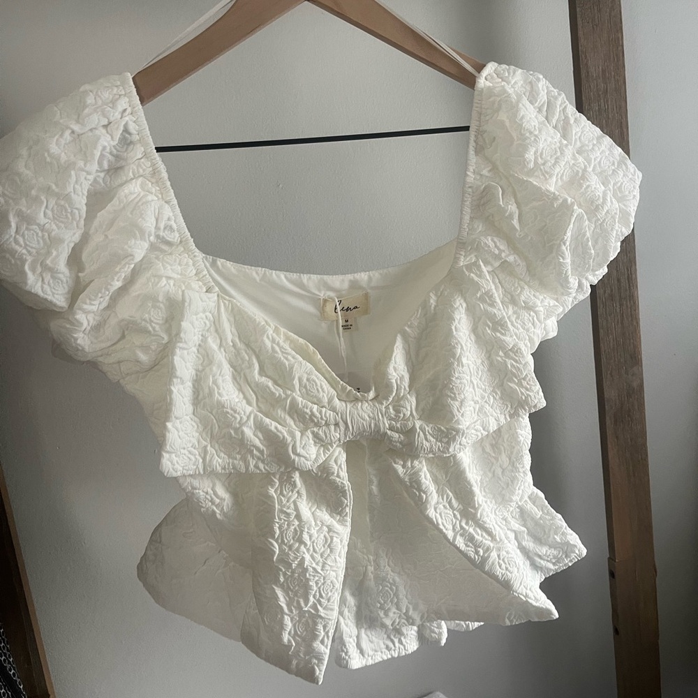 White Textured Blouse with Ruffle Sleeves